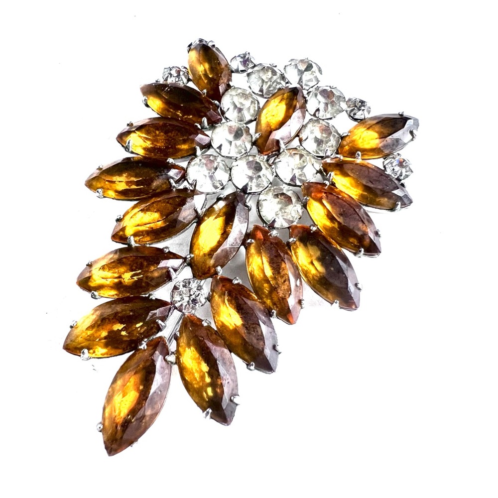 Vintage Brooch Large Rhinestone Pin Amber Gold 1950 1960